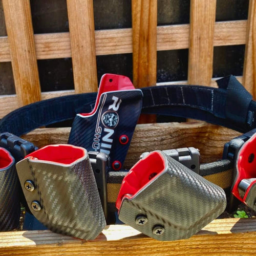 Photo: Carbon Fiber Black and Red QRF (Quick Reaction Force) Competition Magazine Carrier with Sidecar-Style Holster